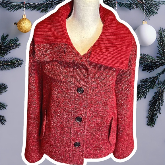 Akris Punto RARE Red Wool & Mohair-Blend Button-Up Coat with Cashmere Knit Trim - Picture 3 of 16